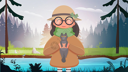 一个戴着帽子和眼镜的可爱女孩站在森林里 抱着一只小猫在她怀里 矢量插图图片