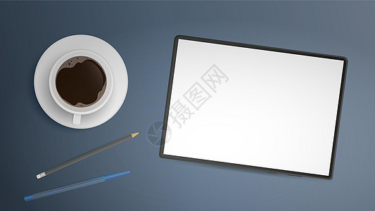 桌上摆着一张白屏幕的平板 表格 咖啡杯 顶部视图 工作场所 广告设计已准备好的模板 现实矢量药片杯子笔记植物横幅软垫海报技术桌子图片