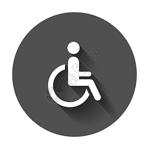 坐在轮椅矢量图标上的人 有长阴影的黑色圆形背景上的残疾人签名插图图片