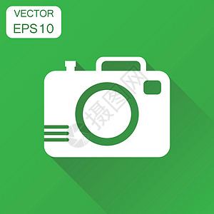 相机摄影师图标 商业概念摄影相机象形文字 带有长阴影的绿色背景的矢量图解镜片插图框架闪光技术按钮快门工具凸轮像素图片