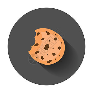 Cookie 平面矢量图标 芯片饼干插图 带长阴影的黑色圆形背景上的甜点食品象形图早餐蛋糕白色面包奶油小吃糖果网络烘烤巧克力图片