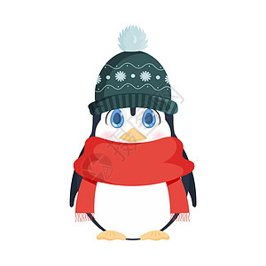 戴着冬帽和一条红围巾的可爱小企鹅 可爱的小企鹅 用于卡片和书籍的设计 矢量图图片
