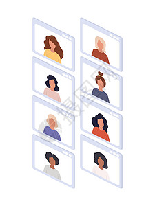 参加在线会议的女孩 有会议的申请窗口 白种背景孤立的 矢量型的视频男人插图工作桌子互联网女士卡通片屏幕椅子图片