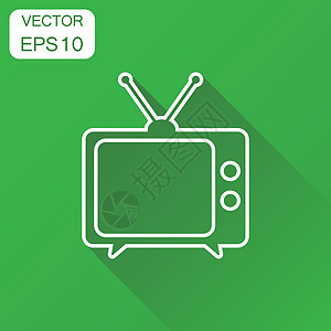 电视图标 商业概念电视象形图 带有长阴影的绿色背景的矢量图解视频黑色播送古董插图模拟信号电气娱乐屏幕图片