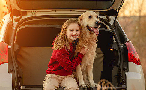 车上有金色寻金狗的女孩女性女儿车辆猎犬微笑树干幸福旅行友谊乐趣图片