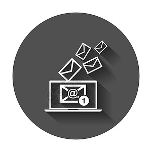 笔记本电脑上的电子邮件 带有长阴影的平面样式的矢量插图图片