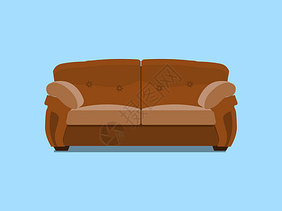 棕色真皮切斯特沙发 矢量图 在蓝色背景隔绝的室内设计的舒适的休息室 长椅图标的现代模型图片