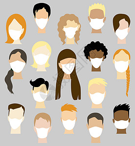 一大群人戴着防护面具来预防病毒 COVID-19 没有眼睛集合的男人和女人的脸 具有不同和皮肤颜色的矢量化身图片