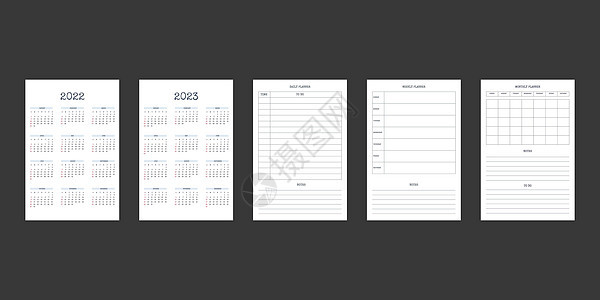 经典严格风格的 2022 2023 日历和每日每周每月个人计划日记模板 商务笔记本月历个人日程极简主义内敛设计 星期从周日开始规背景图片