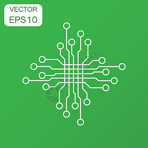 电路板图标 商业概念技术方案象形文字 带有长阴影的绿色背景的矢量图解微电路令牌木板处理器边界圆圈电子产品圆形工程网络图片