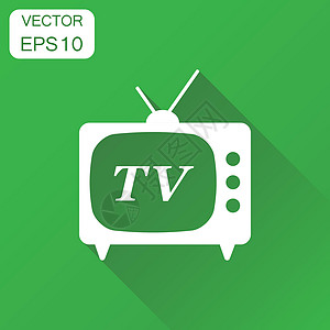 电视图标 商业概念电视象形图 带有长阴影的绿色背景的矢量图解横幅电影广告插图天线广播盒子视频电气信号图片