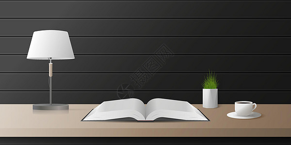 工作空间的现实矢量设计 木制桌 咖啡杯 灯具 开放本子 黑木墙图片