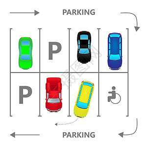 顶视图城市停车场矢量图 平面样式的不同汽车 停车区街道图表驾驶运输信息横幅沥青车辆民众插图图片