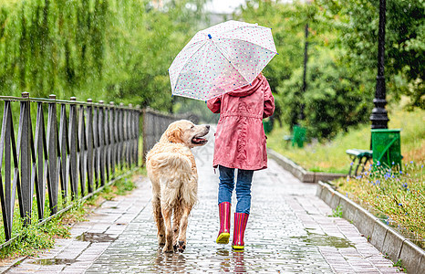 在雨下走狗的小女孩女学生天气雨滴胡同外套城市靴子全景街道乐趣图片