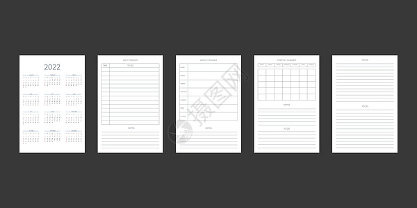 经典严格风格的 2022 年日历和每日每周每月个人计划日记模板 商务笔记本月历个人日程极简主义内敛设计 星期从周日开始季刊记事簿图片