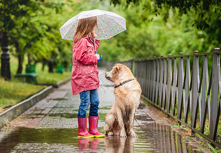 小女孩和小狗在雨下行走图片