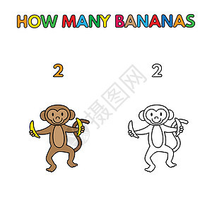 卡通猴子计数香蕉染色簿马戏团幼儿园数字动物卡通片爱好动物群孩子们英语乐趣背景图片