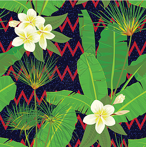深色背景上带棕榈叶丛林异国情调叶的无缝手绘热带图案绘画香蕉生态织物异国丛林棕榈插图纺织品花园图片