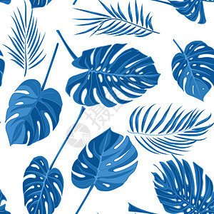 白色背景上蓝色丛林异国情调叶中棕榈叶的无缝手绘热带图案海滩插图棕榈莎草香蕉森林艺术织物打印纺织品图片