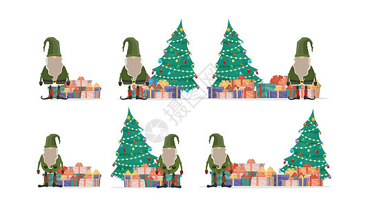 一组圣诞小矮人 配有丰盛的礼物和圣诞树 矢量图片