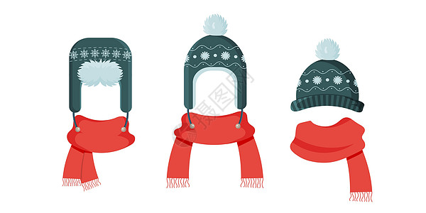 保暖针织冬帽和围巾 带有复古图案的绿色帽子 红色针织围巾 适用于新年或圣诞节主题以及冬季主题的设计图片
