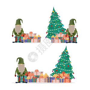 一组斯堪的纳维亚侏儒 有一大堆礼物和一棵圣诞树 留着白胡子的小男人 身穿黑色衣服 背景为白色 向量图片