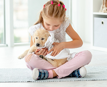 照顾小狗的女孩游戏动物朋友们犬类幸福乐趣伴侣房间喜悦宠物图片