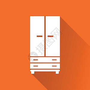 橙色背景与长长的阴影的橱柜图标 用于商业营销互联网的现代平面象形图 用于网站设计的简单平面矢量符号床头徽章家具橙子梳妆台邮票架子图片
