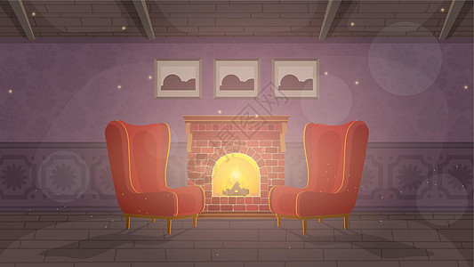 有壁炉的古老房间 变装室 旧式扶手椅 壁炉 火灾 向量插图木地板建筑学地毯椅子花瓶桌子地面沙发枕头图片