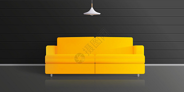黄色沙发有暗室 现实的矢量时尚阁楼图片
