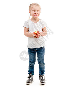 带着苹果的微笑女孩 孤立在白色背景上图片