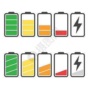 在白色背景上隔离的电池图标矢量集 电池电量满和低的符号 电池电量平面矢量图解碱性活力插图玻璃化学品金属加载电压来源电气图片