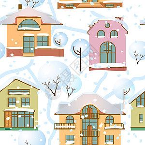 冬季圣诞无缝模式与房子和树标签曲线销售雪花公寓投资建筑财产降雪孩子们图片