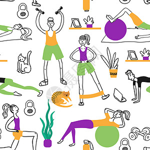 网 网页女士插图卡通片姿势训练手绘房间瑜伽房子体操图片
