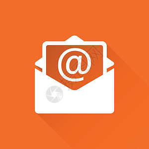 邮件信封图标矢量隔离在橙色背景与长长的阴影 电子邮件平面矢量图的符号协议互联网蓝色插图资质商业邮政床单网络通讯图片