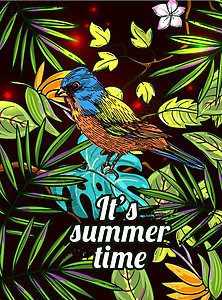 热带花卉背景与动物派对叶子植物木槿季节庆典卡片装饰草图打印图片