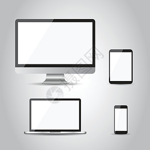 现实设备平面图标和台式计算机 灰色背景上的矢量图解药片电子手机软垫插图技术白色空气电脑展示图片