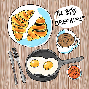 羊角面包和咖啡 餐厅菜单的手绘美丽素描风格插图店铺烘烤杯子艺术拿铁咖啡店草图勺子早餐食物图片