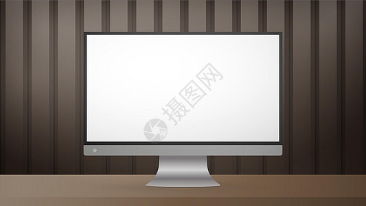 桌子上放着一台白色屏幕的显示器 条纹棕色现实海报背景与金属或光滑的木材 现实的向量图片