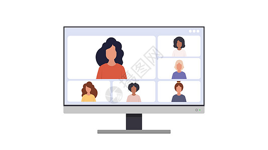 视频通信的应用程序窗口 现代光滑的白色屏幕显示器 用于广告设计 孤立在白色背景 向量桌面推介会演讲卡通片面试同事团队学习会议讨论图片