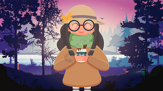 一个戴着帽子和眼镜的可爱女孩站在森林里 手里握着一杯热饮 矢量插图 