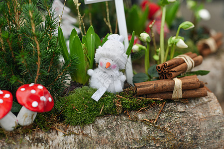 圣诞节的成分 与喜悦和雪人在一个锅里植物叶子篮子花园爱好作品日志灯泡新年香味图片