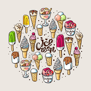 手绘冰淇淋标识冰淇淋勺产品锥体水果巧克力海报香草圣代标签图片