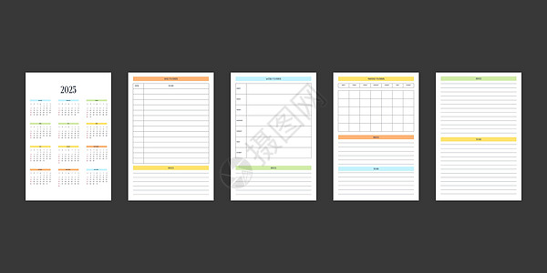 经典严格风格的 2025 年日历和每日每周每月个人计划日记模板 商务笔记本月历个人日程极简主义内敛设计 星期从周日开始记事簿网格图片
