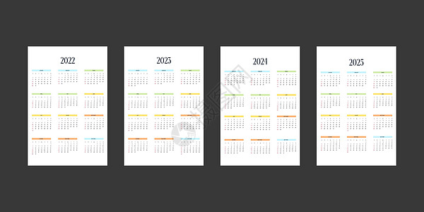 2022 2023 2024 2025 日历模板采用经典严格风格 具有多色元素 商务笔记本月历个人日程极简主义内敛设计 星期从周图片