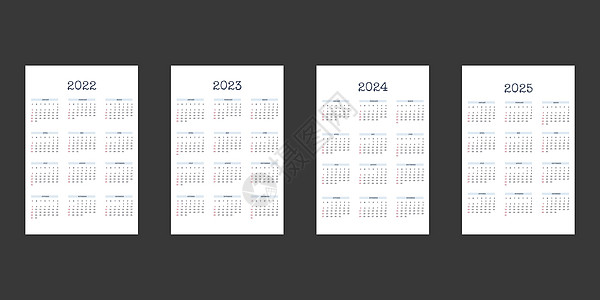 2022 2023 2024 2025 日历模板采用经典严格风格 带有类型书写字体 商务笔记本月历个人日程极简主义内敛设计 星期图片