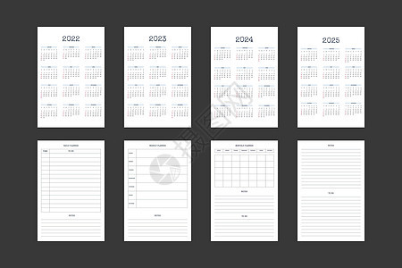 2022 2023 2024 2025 日历和每日每周每月个人计划日记模板采用经典严格风格 商务笔记本月历个人日程极简主义内敛设背景图片