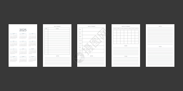 经典严格风格的 2025 年日历和每日每周每月个人计划日记模板 商务笔记本月历个人日程极简主义内敛设计 星期从周日开始规划师组织图片