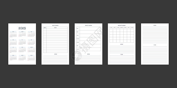 经典严格风格的 2023 年日历和每日每周每月个人计划日记模板 商务笔记本月历个人日程极简主义内敛设计 星期从周日开始季刊记事簿背景图片