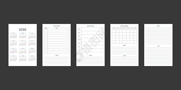 经典严格风格的 2025 年日历和每日每周每月个人计划日记模板 商务笔记本月历个人日程极简主义内敛设计 星期从周日开始规划师商业图片